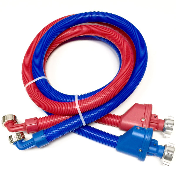 2-pack Flood Safe Washing Machine Hoses - 6FT Heavy Duty PVC Hose Sealed With Rigid Corrugated Outer Wall in Red-Blue and Built-in Auto Shut-off Valve Univeral 90 degree elbow Connection