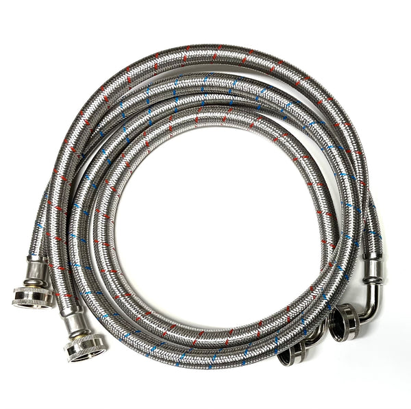 2-Pack Commercial Grade Premium Stainless Steel Washer Hoses 1/2" ID - 4 FT No-Lead Burst Proof Red_Blue Lined Water Inlet Supply Lines - Universal 90 Degree Elbow Connection - 10 Year Warranty