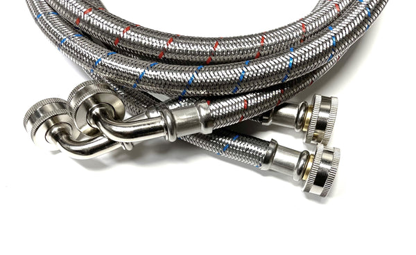 Stainless Steel Washing Machine Hoses With 90° Elbows (2 Pack) | 4 Ft Burst-Proof Supply Lines | Fast Fill, Lead-Free
