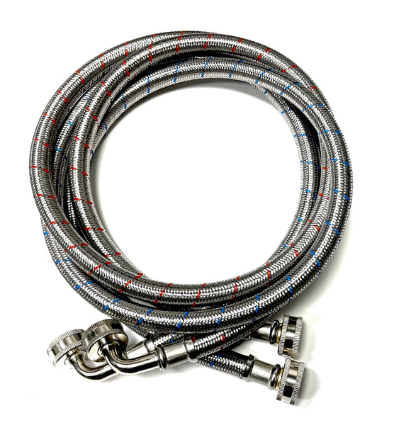 2-Pack Commercial Grade Premium Stainless Steel Washer Hoses 1/2" ID - 5 FT No-Lead Burst Proof Red and Blue Lined Water Inlet Supply Lines - Universal 90 Degree Elbow Connection - 10 Year Warranty
