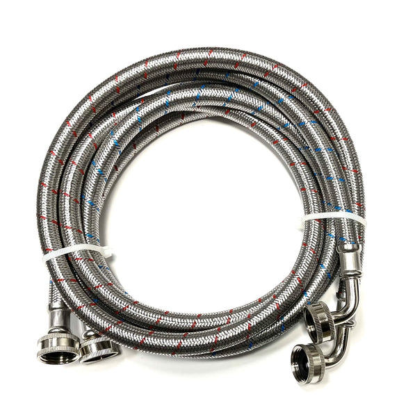 2-Pack Commercial Grade Premium Stainless Steel Washer Hoses 1/2" ID - 6 FT No-Lead Burst Proof Red and Blue Lined Water Inlet Supply Lines - Universal 90 Degree Elbow Connection - 10 Year Warranty