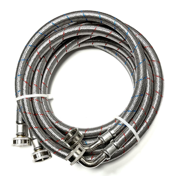 2-Pack Commercial Grade Premium Stainless Steel Washer Hoses 1/2" ID - 8 FT No-Lead Burst Proof Red and Blue Lined Water Inlet Supply Lines - Universal 90 Degree Elbow Connection - 10 Year Warranty