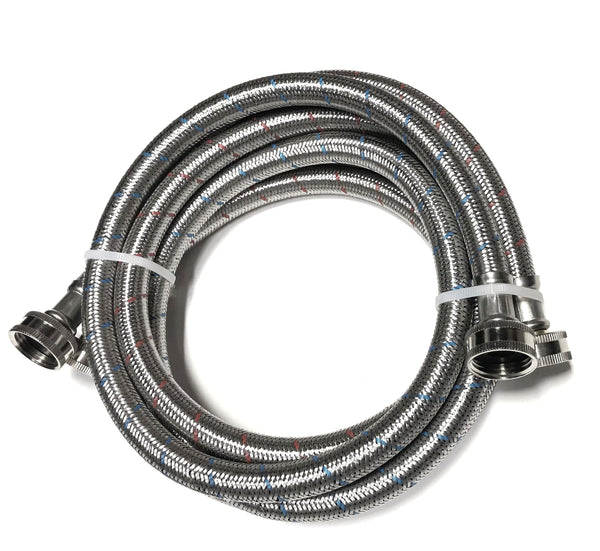 2-Pack Commercial Grade Premium Stainless Steel Washing Machine Hoses 1/2" ID - 5 FT No-Lead Burst Proof Red and Blue Lined Water Inlet Supply Lines - Universal Connection - 10 Year Warranty